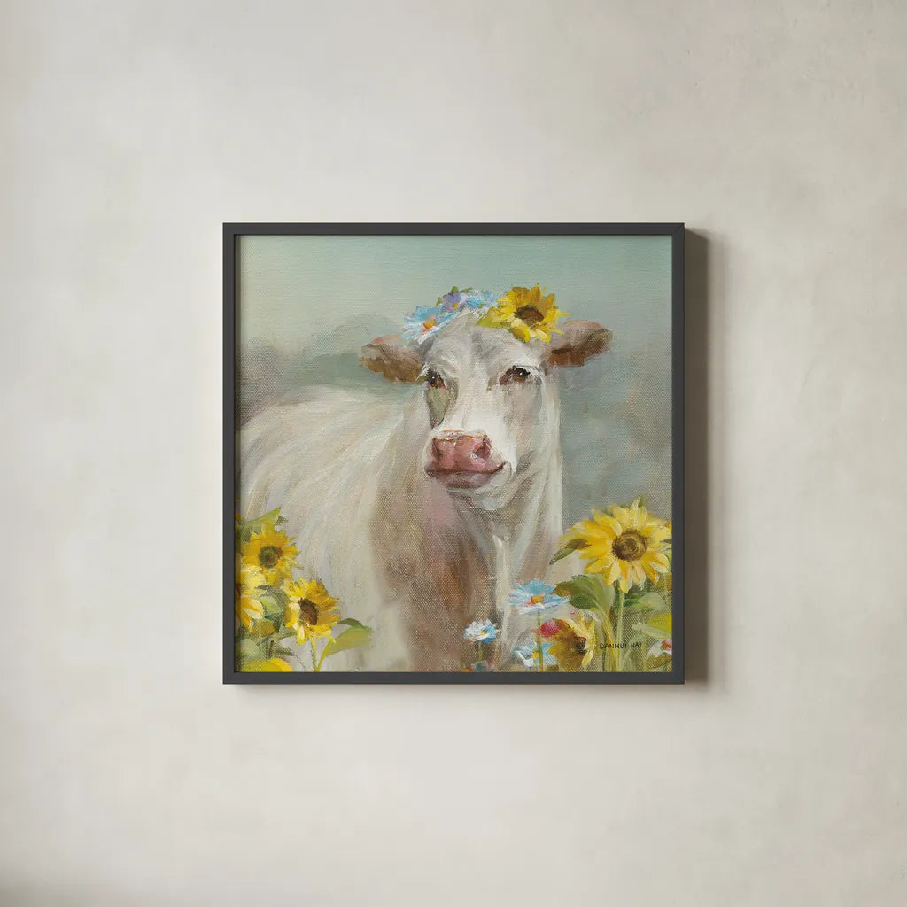 A Cow in a Crown by Danhui Nai. Shown in a sleek black glass frame for a contemporary gallery look. Available as an archival giclee rolled canvas, fine art paper, or poster print. SKU 70498a.