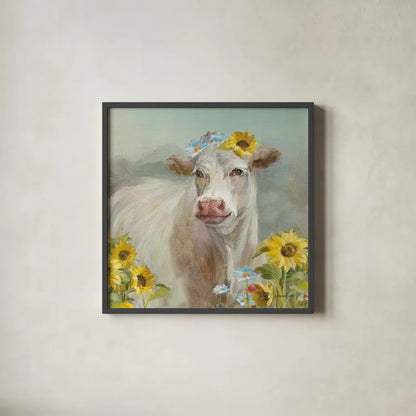 A Cow in a Crown by Danhui Nai. Shown in a sleek black glass frame for a contemporary gallery look. Available as an archival giclee rolled canvas, fine art paper, or poster print. SKU 70498a.