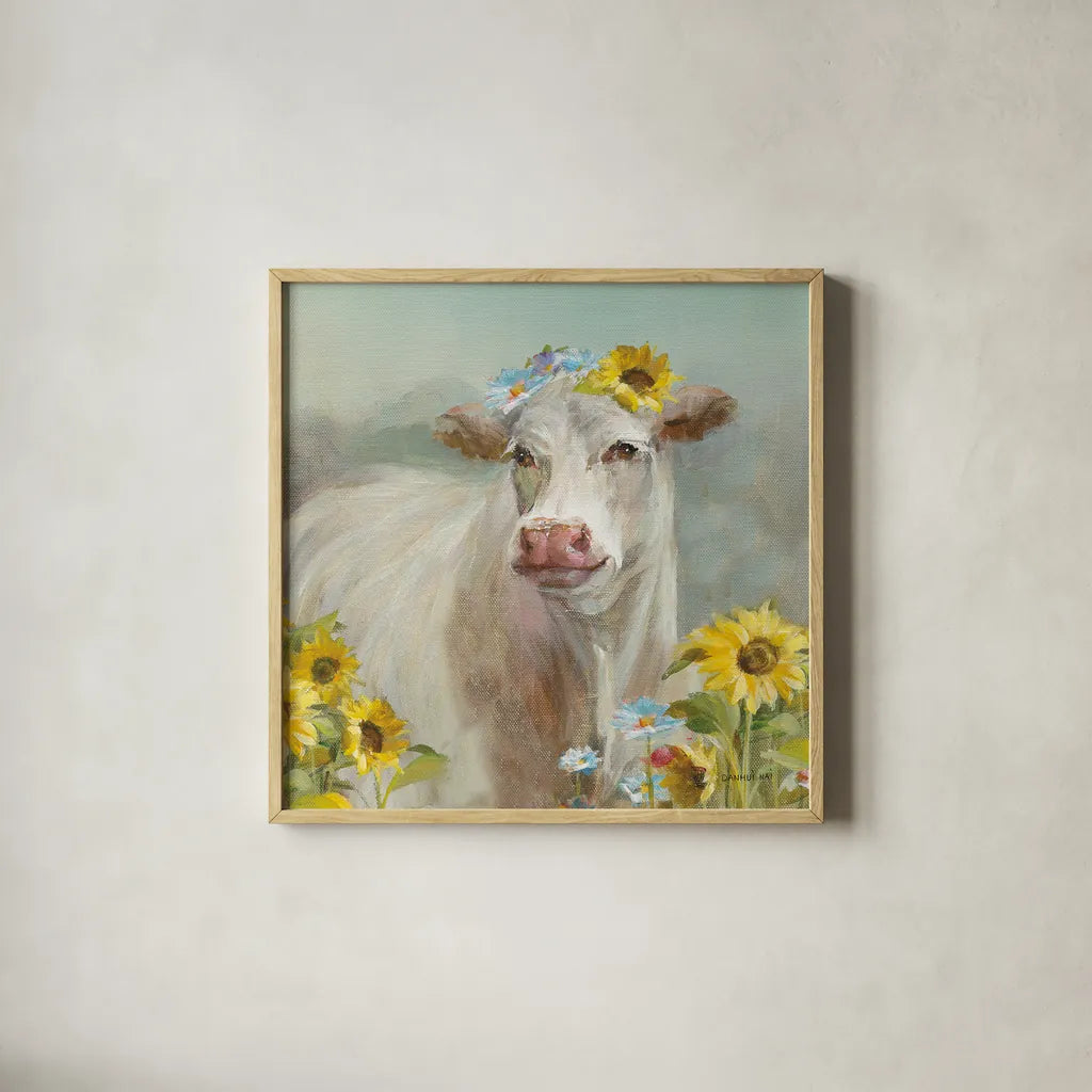 A Cow in a Crown by Danhui Nai. Shown in a natural wood glass frame for a timeless modern aesthetic. Available as an archival giclee rolled canvas, fine art paper, or poster print. SKU 70498a.