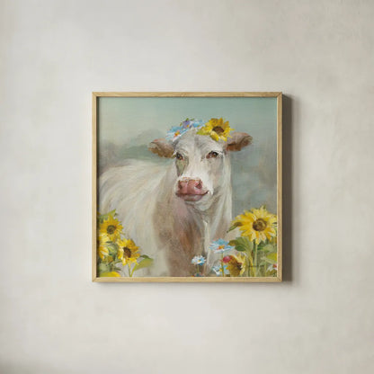 A Cow in a Crown by Danhui Nai. Shown in a natural wood glass frame for a timeless modern aesthetic. Available as an archival giclee rolled canvas, fine art paper, or poster print. SKU 70498a.