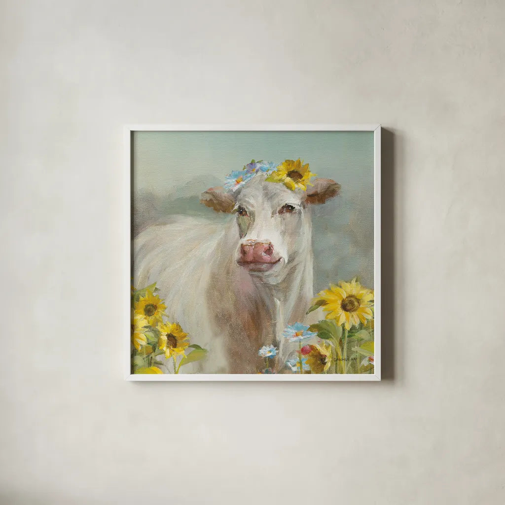 A Cow in a Crown by Danhui Nai. Shown in a crisp white glass frame for a clean and minimalist style. Available as an archival giclee rolled canvas, fine art paper, or poster print. SKU 70498a.