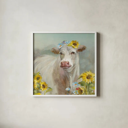 A Cow in a Crown by Danhui Nai. Shown in a crisp white glass frame for a clean and minimalist style. Available as an archival giclee rolled canvas, fine art paper, or poster print. SKU 70498a.