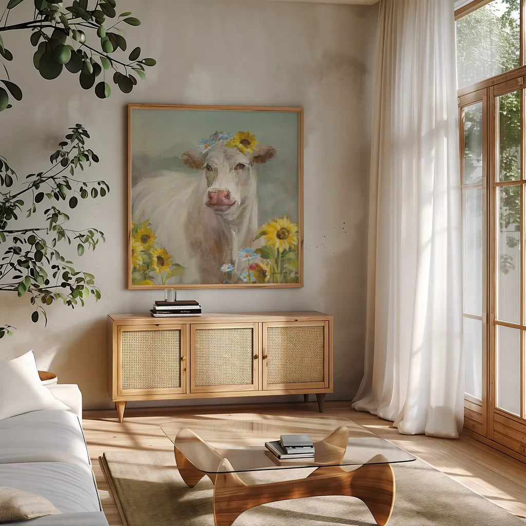 A Cow in a Crown by Danhui Nai. Shown in a natural wood frame in a cozy modern living room. Available as an archival giclee rolled canvas, fine art paper, or poster print. SKU 70498a.