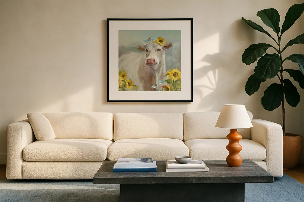 A Cow in a Crown by Danhui Nai. Displayed in a glass frame with matte in a clean modern living room. Available as an archival giclee rolled canvas, fine art paper, or poster print. SKU 70498a.