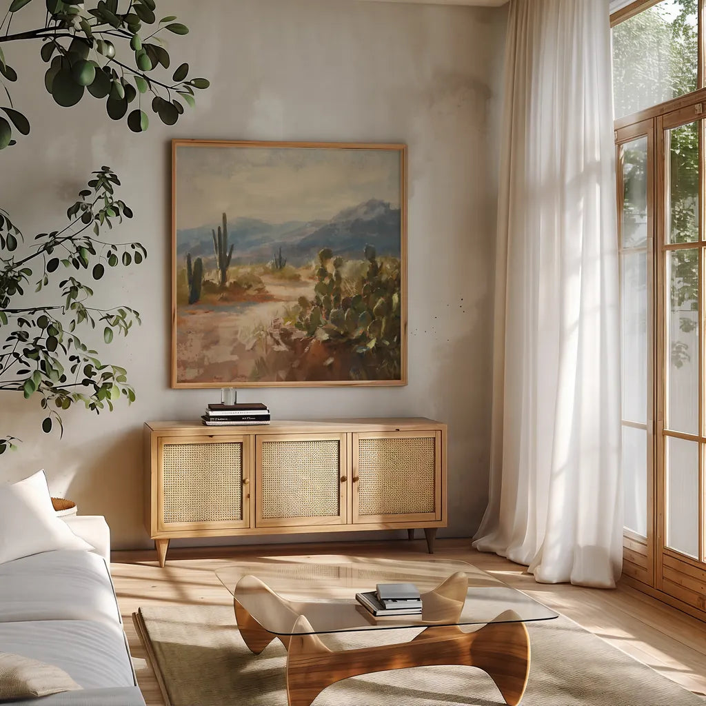 A Desert Journey by Danhui Nai. Shown in a natural wood frame in a cozy modern living room. Available as an archival giclee rolled canvas, fine art paper, or poster print. SKU 90888a.