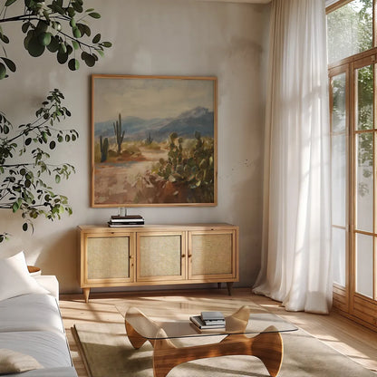 A Desert Journey by Danhui Nai. Shown in a natural wood frame in a cozy modern living room. Available as an archival giclee rolled canvas, fine art paper, or poster print. SKU 90888a.