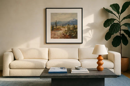 A Desert Journey by Danhui Nai. Displayed in a glass frame with matte in a clean modern living room. Available as an archival giclee rolled canvas, fine art paper, or poster print. SKU 90888a.