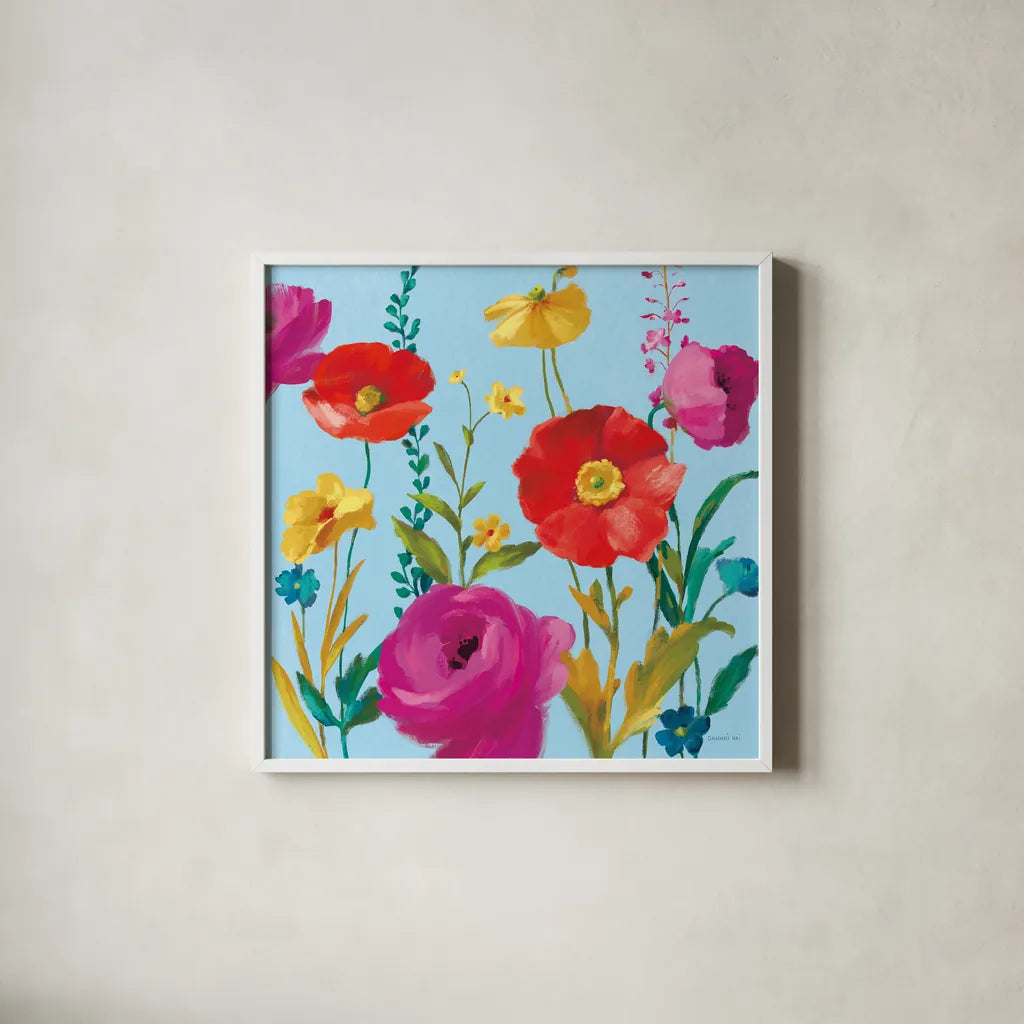 A Row of Brilliance by Danhui Nai. Shown in a crisp white glass frame for a clean and minimalist style. Available as an archival giclee rolled canvas, fine art paper, or poster print. SKU 90704a.