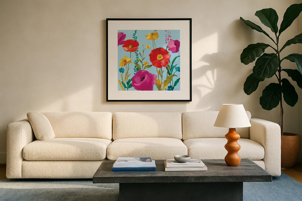 A Row of Brilliance by Danhui Nai. Displayed in a glass frame with matte in a clean modern living room. Available as an archival giclee rolled canvas, fine art paper, or poster print. SKU 90704a.