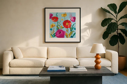 A Row of Brilliance by Danhui Nai. Displayed in a glass frame with matte in a clean modern living room. Available as an archival giclee rolled canvas, fine art paper, or poster print. SKU 90704a.
