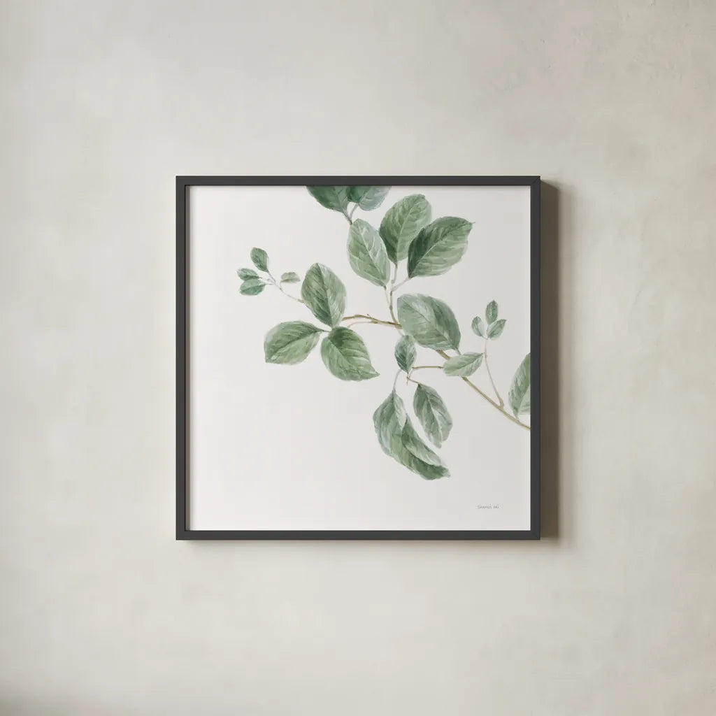 A Study of Leaves by Danhui Nai. Shown in a sleek black glass frame for a contemporary gallery look. Available as an archival giclee rolled canvas, fine art paper, or poster print. SKU 92153a.