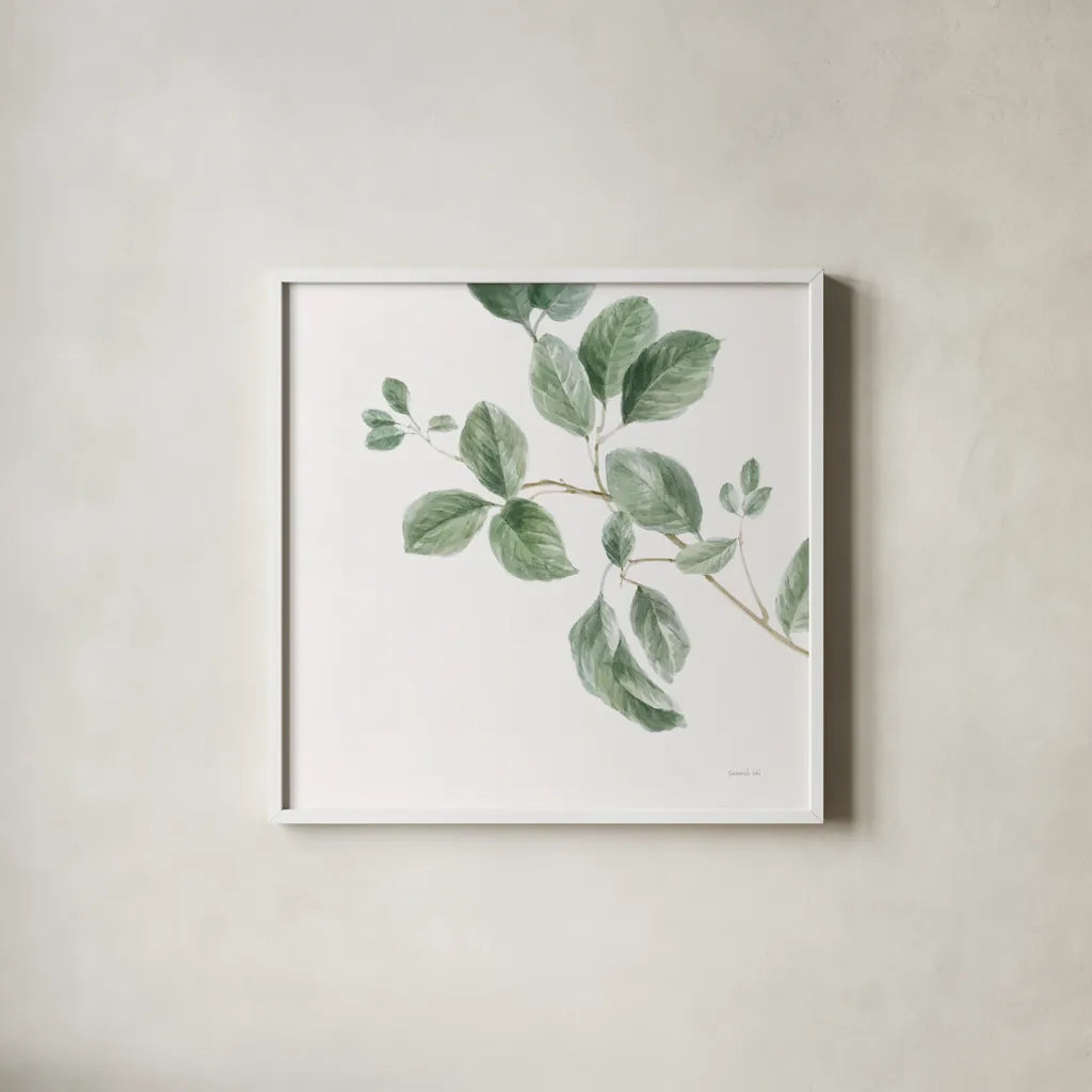 A Study of Leaves by Danhui Nai. Shown in a crisp white glass frame for a clean and minimalist style. Available as an archival giclee rolled canvas, fine art paper, or poster print. SKU 92153a.