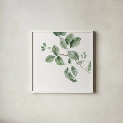 A Study of Leaves by Danhui Nai. Shown in a crisp white glass frame for a clean and minimalist style. Available as an archival giclee rolled canvas, fine art paper, or poster print. SKU 92153a.