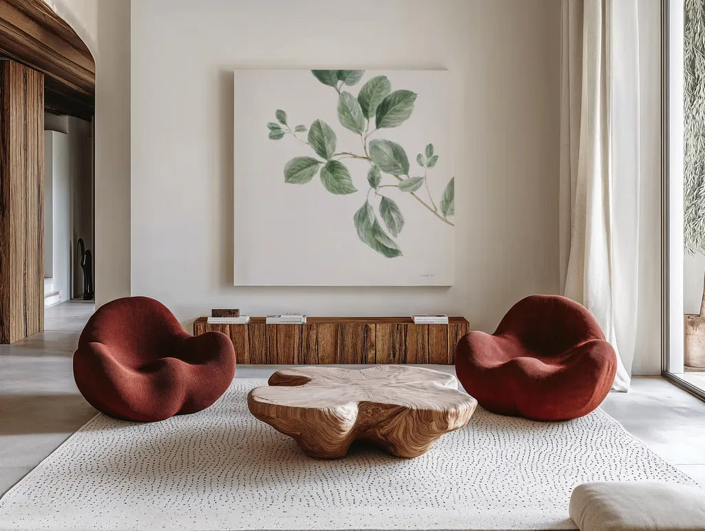 A Study of Leaves by Danhui Nai. Shown as extra-large giant wall art in a modern living room. Available as an archival giclee rolled canvas, fine art paper, or poster print. SKU 92153a.