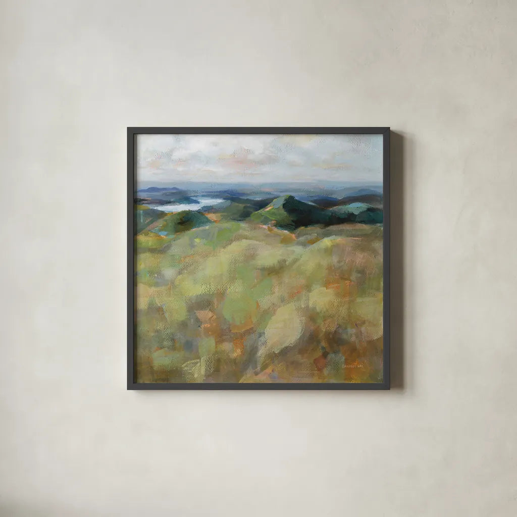 Above the Lakes by Danhui Nai. Shown in a sleek black glass frame for a contemporary gallery look. Available as an archival giclee rolled canvas, fine art paper, or poster print. SKU 72631a.