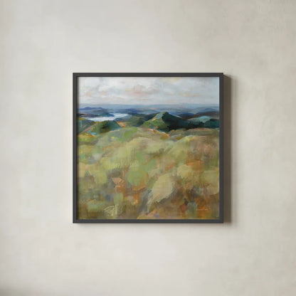 Above the Lakes by Danhui Nai. Shown in a sleek black glass frame for a contemporary gallery look. Available as an archival giclee rolled canvas, fine art paper, or poster print. SKU 72631a.