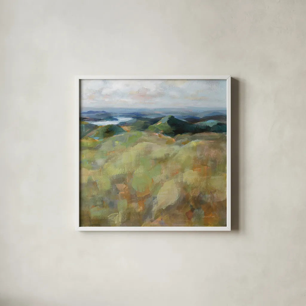 Above the Lakes by Danhui Nai. Shown in a crisp white glass frame for a clean and minimalist style. Available as an archival giclee rolled canvas, fine art paper, or poster print. SKU 72631a.