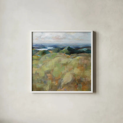 Above the Lakes by Danhui Nai. Shown in a crisp white glass frame for a clean and minimalist style. Available as an archival giclee rolled canvas, fine art paper, or poster print. SKU 72631a.