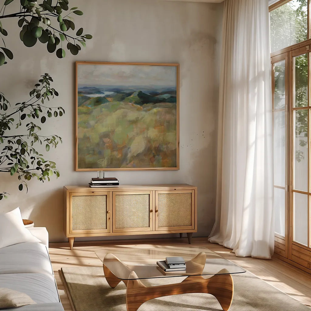 Above the Lakes by Danhui Nai. Shown in a natural wood frame in a cozy modern living room. Available as an archival giclee rolled canvas, fine art paper, or poster print. SKU 72631a.