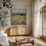 Above the Lakes by Danhui Nai. Shown in a natural wood frame in a cozy modern living room. Available as an archival giclee rolled canvas, fine art paper, or poster print. SKU 72631a.