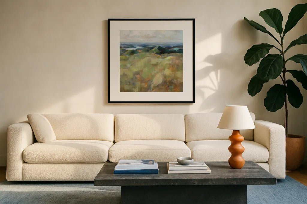 Above the Lakes by Danhui Nai. Displayed in a glass frame with matte in a clean modern living room. Available as an archival giclee rolled canvas, fine art paper, or poster print. SKU 72631a.