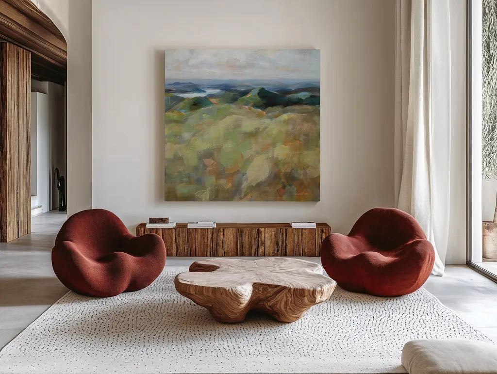Above the Lakes by Danhui Nai. Shown as extra-large giant wall art in a modern living room. Available as an archival giclee rolled canvas, fine art paper, or poster print. SKU 72631a.