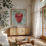 Abstract Apple by Danhui Nai. Shown in a natural wood frame in a cozy modern living room. Available as an archival giclee rolled canvas, fine art paper, or poster print. SKU 58941a.