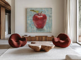 Abstract Apple by Danhui Nai. Shown as extra-large giant wall art in a modern living room. Available as an archival giclee rolled canvas, fine art paper, or poster print. SKU 58941a.