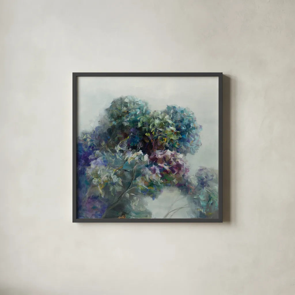 Abstract Hydrangea by Danhui Nai. Shown in a sleek black glass frame for a contemporary gallery look. Available as an archival giclee rolled canvas, fine art paper, or poster print. SKU 43027a.
