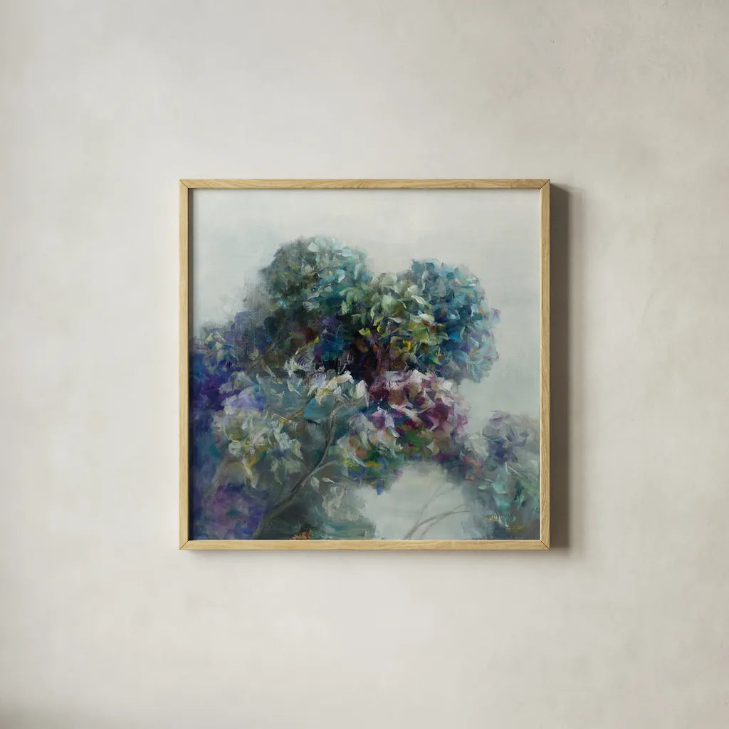 Abstract Hydrangea by Danhui Nai. Shown in a natural wood glass frame for a timeless modern aesthetic. Available as an archival giclee rolled canvas, fine art paper, or poster print. SKU 43027a.