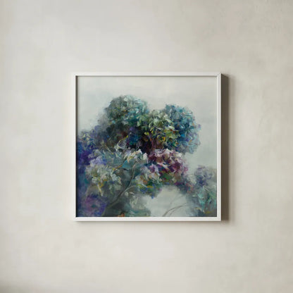 Abstract Hydrangea by Danhui Nai. Shown in a crisp white glass frame for a clean and minimalist style. Available as an archival giclee rolled canvas, fine art paper, or poster print. SKU 43027a.