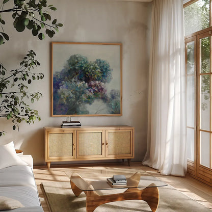 Abstract Hydrangea by Danhui Nai. Shown in a natural wood frame in a cozy modern living room. Available as an archival giclee rolled canvas, fine art paper, or poster print. SKU 43027a.