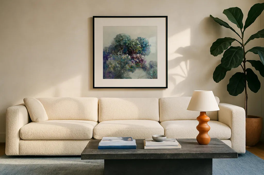 Abstract Hydrangea by Danhui Nai. Displayed in a glass frame with matte in a clean modern living room. Available as an archival giclee rolled canvas, fine art paper, or poster print. SKU 43027a.