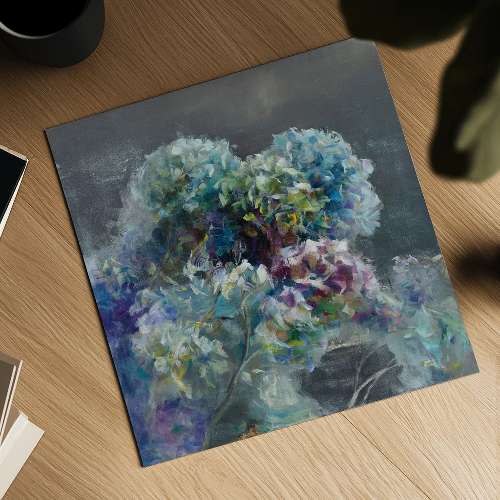Abstract Hydrangea Dark by Danhui Nai. Shown as a detailed flat fine art print, highlighting archival giclee quality. Available as an archival giclee rolled canvas, fine art paper, or poster print. SKU 46135a.