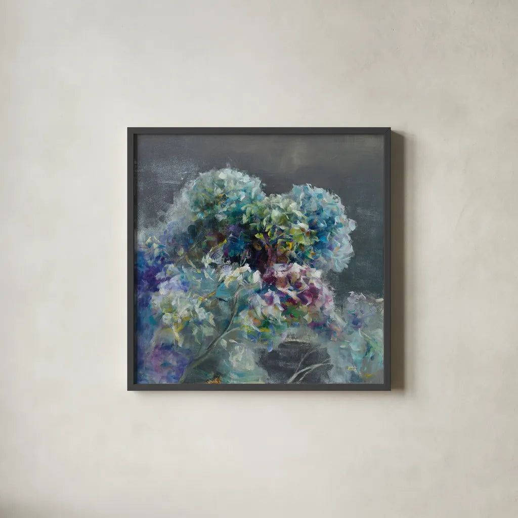 Abstract Hydrangea Dark by Danhui Nai. Shown in a sleek black glass frame for a contemporary gallery look. Available as an archival giclee rolled canvas, fine art paper, or poster print. SKU 46135a.