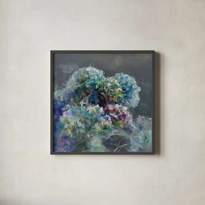 Abstract Hydrangea Dark by Danhui Nai. Shown in a sleek black glass frame for a contemporary gallery look. Available as an archival giclee rolled canvas, fine art paper, or poster print. SKU 46135a.