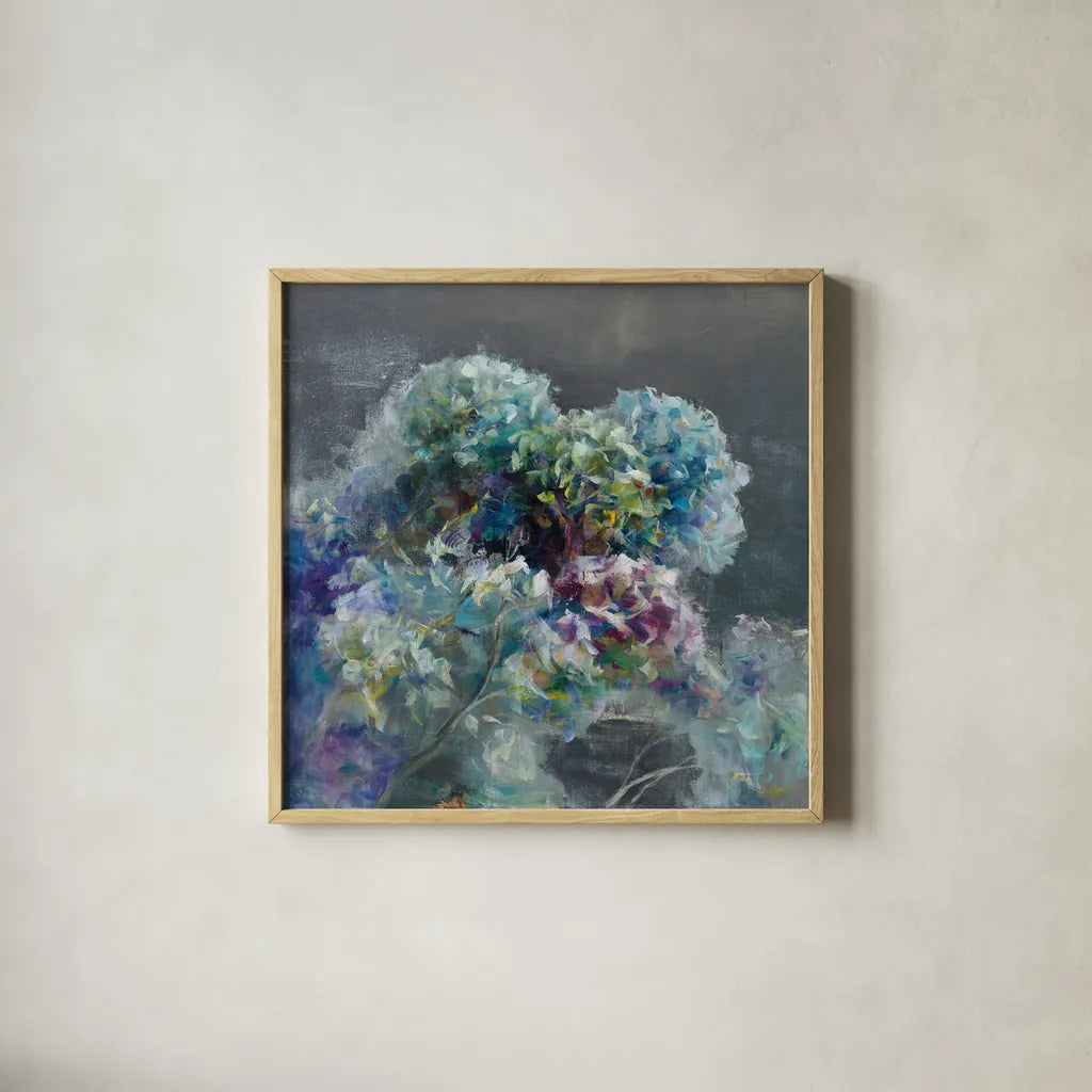 Abstract Hydrangea Dark by Danhui Nai. Shown in a natural wood glass frame for a timeless modern aesthetic. Available as an archival giclee rolled canvas, fine art paper, or poster print. SKU 46135a.
