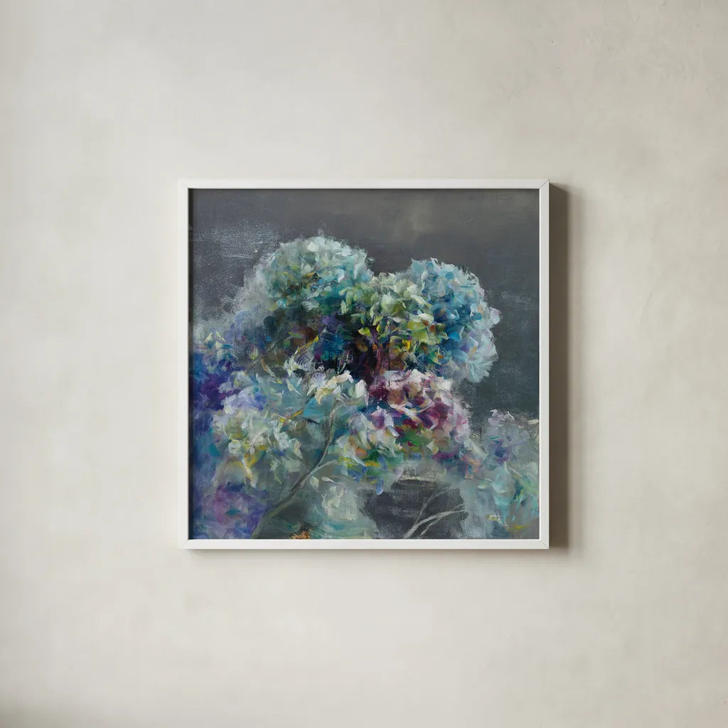 Abstract Hydrangea Dark by Danhui Nai. Shown in a crisp white glass frame for a clean and minimalist style. Available as an archival giclee rolled canvas, fine art paper, or poster print. SKU 46135a.