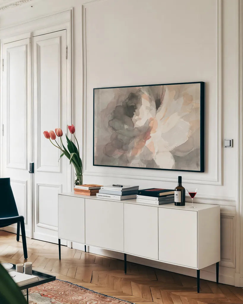 Abstract Peony Crop by Danhui Nai. shown as a framed stretched canvas in a living room above a console. Available as a archival giclee rolled canvas, fine art paper, or poster print. SKU 39371i.