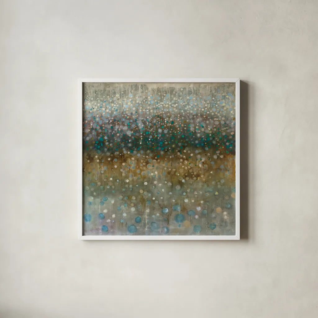 Abstract Rain by Danhui Nai. Shown in a crisp white glass frame for a clean and minimalist style. Available as an archival giclee rolled canvas, fine art paper, or poster print. SKU 22657a.