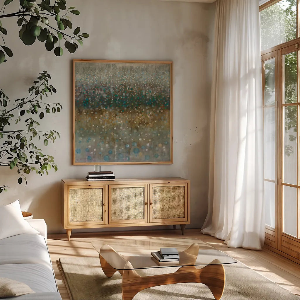 Abstract Rain by Danhui Nai. Shown in a natural wood frame in a cozy modern living room. Available as an archival giclee rolled canvas, fine art paper, or poster print. SKU 22657a.