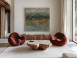 Abstract Rain by Danhui Nai. Shown as extra-large giant wall art in a modern living room. Available as an archival giclee rolled canvas, fine art paper, or poster print. SKU 22657a.
