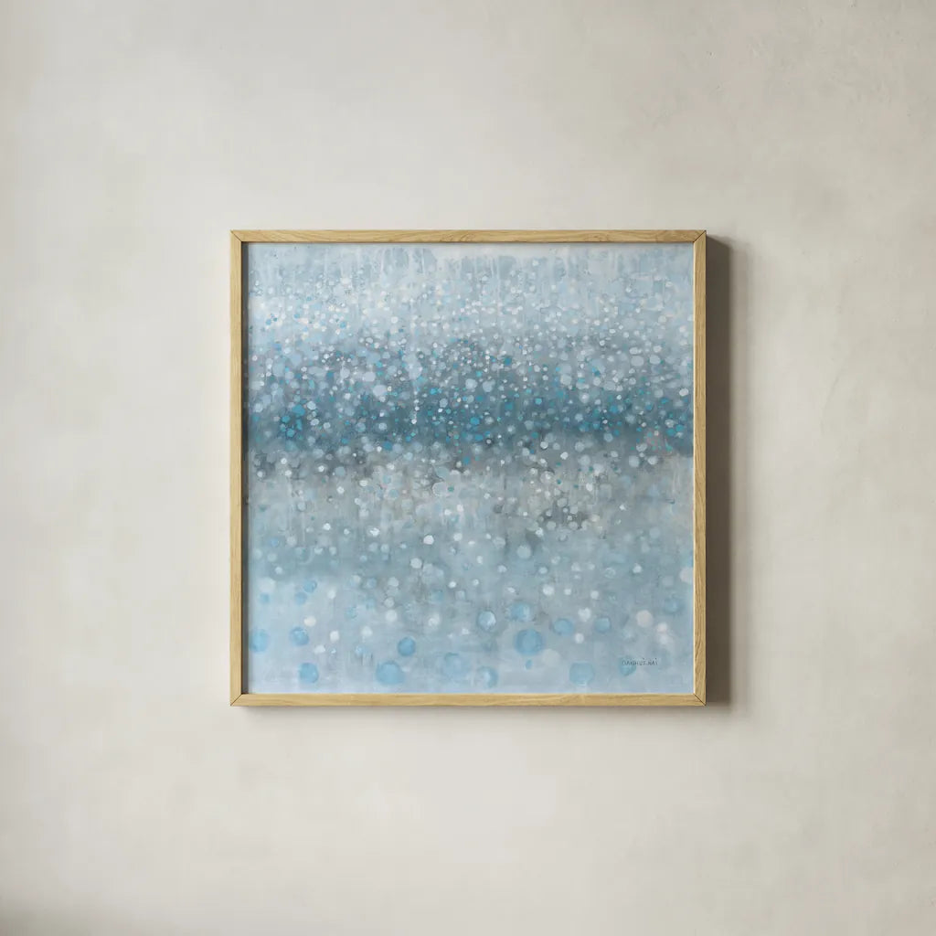 Abstract Rain Slate Blue by Danhui Nai. Shown in a natural wood glass frame for a timeless modern aesthetic. Available as an archival giclee rolled canvas, fine art paper, or poster print. SKU 75527a.