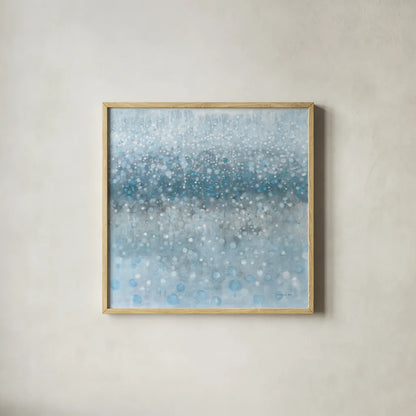 Abstract Rain Slate Blue by Danhui Nai. Shown in a natural wood glass frame for a timeless modern aesthetic. Available as an archival giclee rolled canvas, fine art paper, or poster print. SKU 75527a.