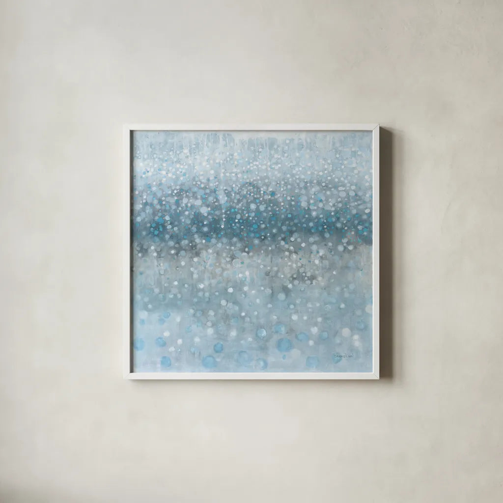 Abstract Rain Slate Blue by Danhui Nai. Shown in a crisp white glass frame for a clean and minimalist style. Available as an archival giclee rolled canvas, fine art paper, or poster print. SKU 75527a.