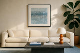 Abstract Rain Slate Blue by Danhui Nai. Displayed in a glass frame with matte in a clean modern living room. Available as an archival giclee rolled canvas, fine art paper, or poster print. SKU 75527a.