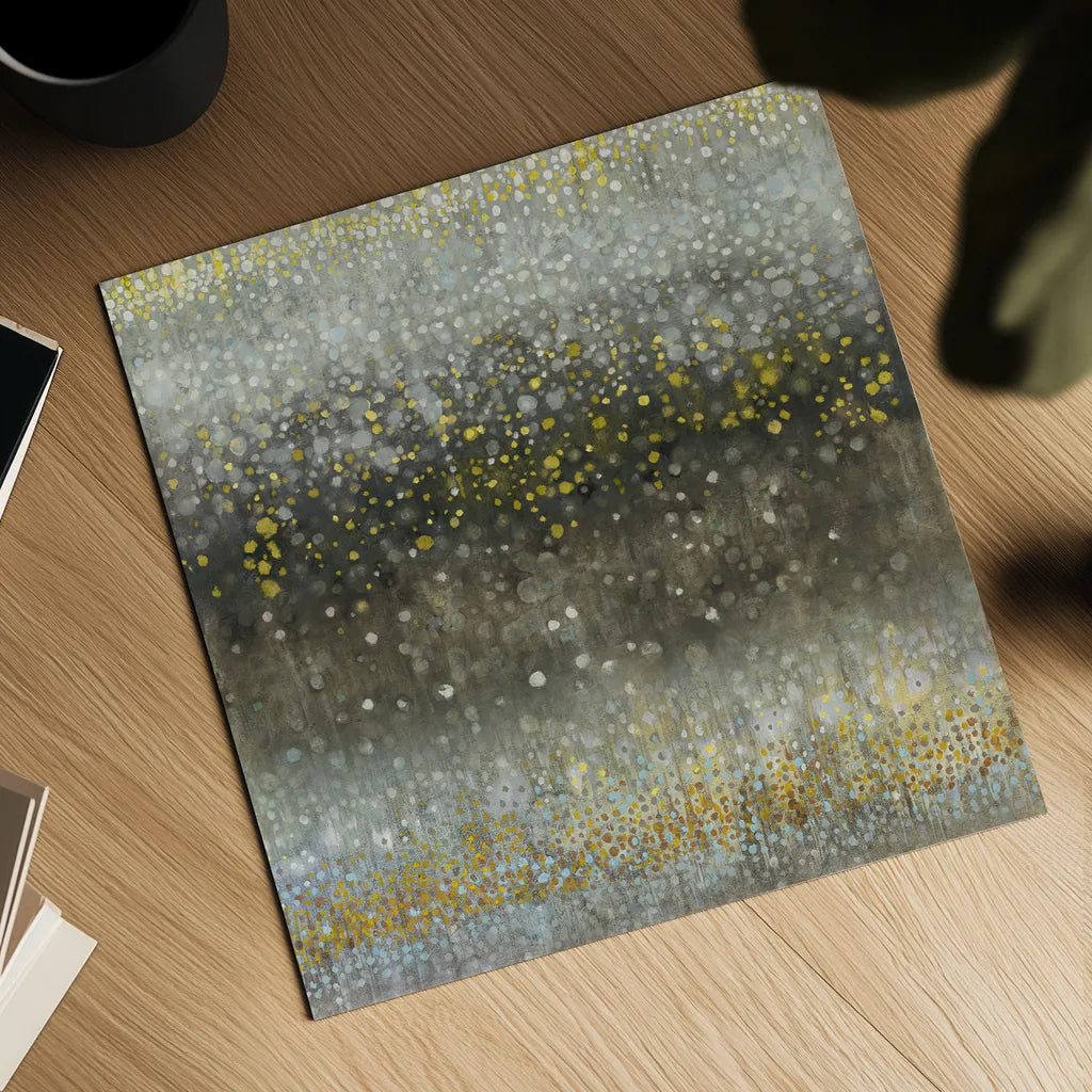 Abstract Rain Yellow Gray by Danhui Nai. Shown as a detailed flat fine art print, highlighting archival giclee quality. Available as an archival giclee rolled canvas, fine art paper, or poster print. SKU 56015a.