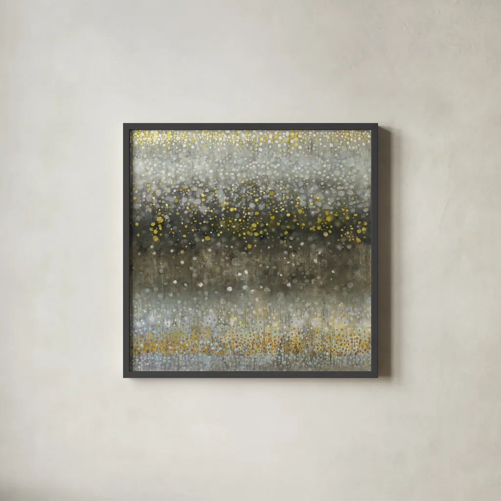 Abstract Rain Yellow Gray by Danhui Nai. Shown in a sleek black glass frame for a contemporary gallery look. Available as an archival giclee rolled canvas, fine art paper, or poster print. SKU 56015a.