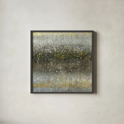 Abstract Rain Yellow Gray by Danhui Nai. Shown in a sleek black glass frame for a contemporary gallery look. Available as an archival giclee rolled canvas, fine art paper, or poster print. SKU 56015a.