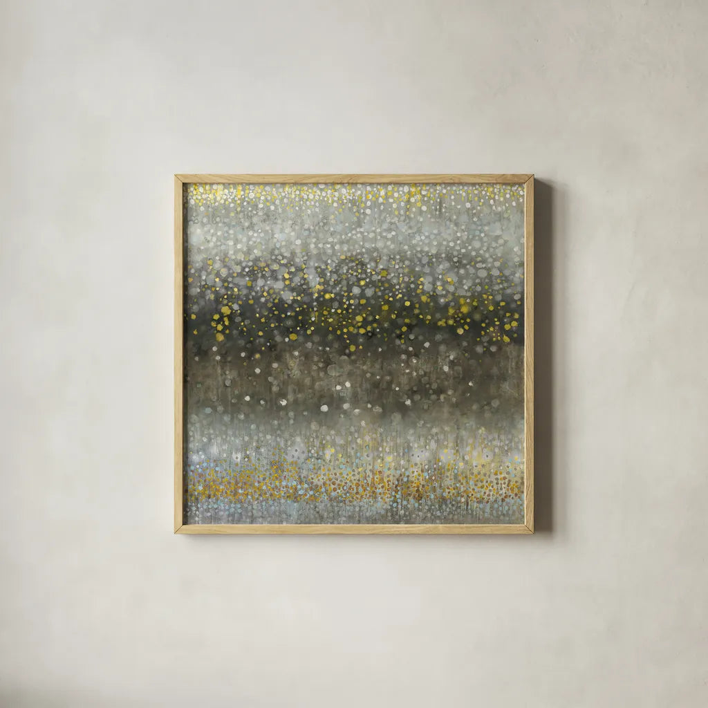 Abstract Rain Yellow Gray by Danhui Nai. Shown in a natural wood glass frame for a timeless modern aesthetic. Available as an archival giclee rolled canvas, fine art paper, or poster print. SKU 56015a.